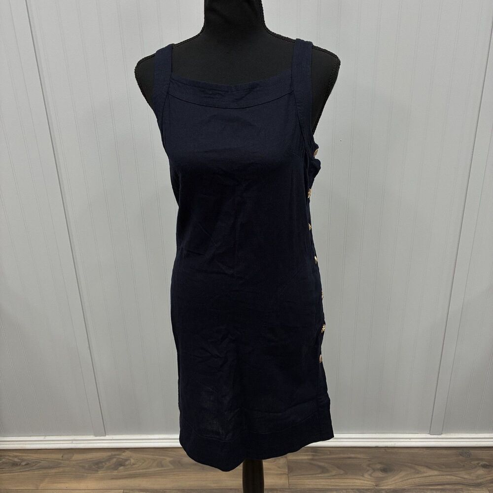 Forcynthia Women's Small Blue Linen Sleeveless Shift Dress Gold Nautical Buttons